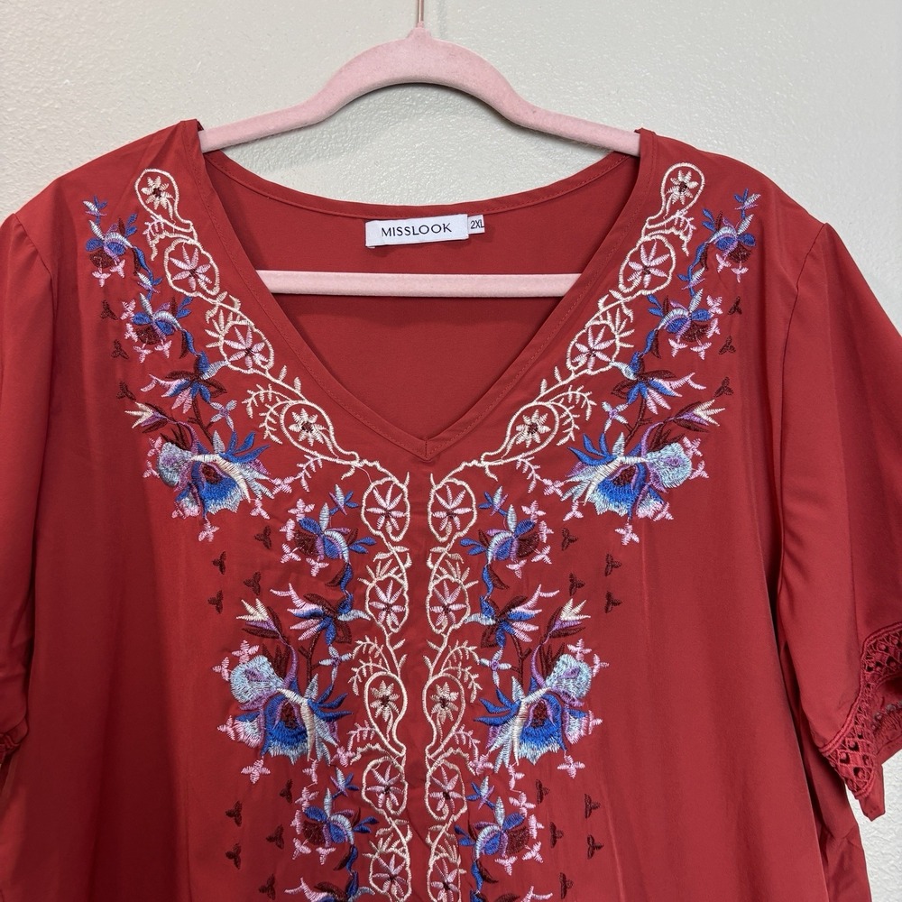 Misslook Floral Embroidered Flutter Sleeve V-Neck Blouse‎ Red/Orange Top 2XL - Picture 2 of 12